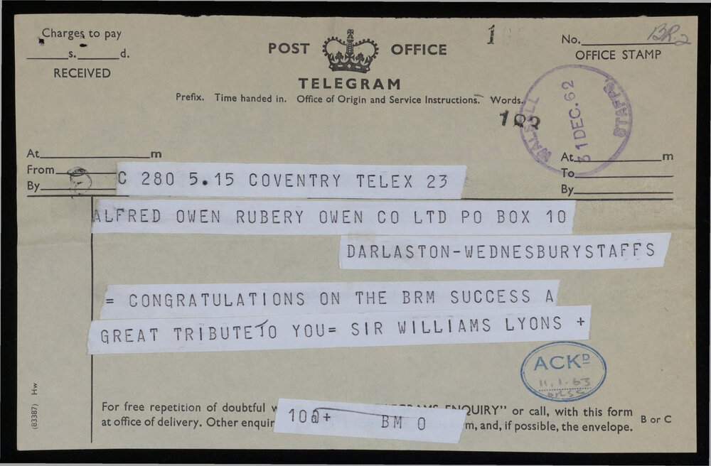 Congratulations Telegram From Sir William Lyons &amp; Reply