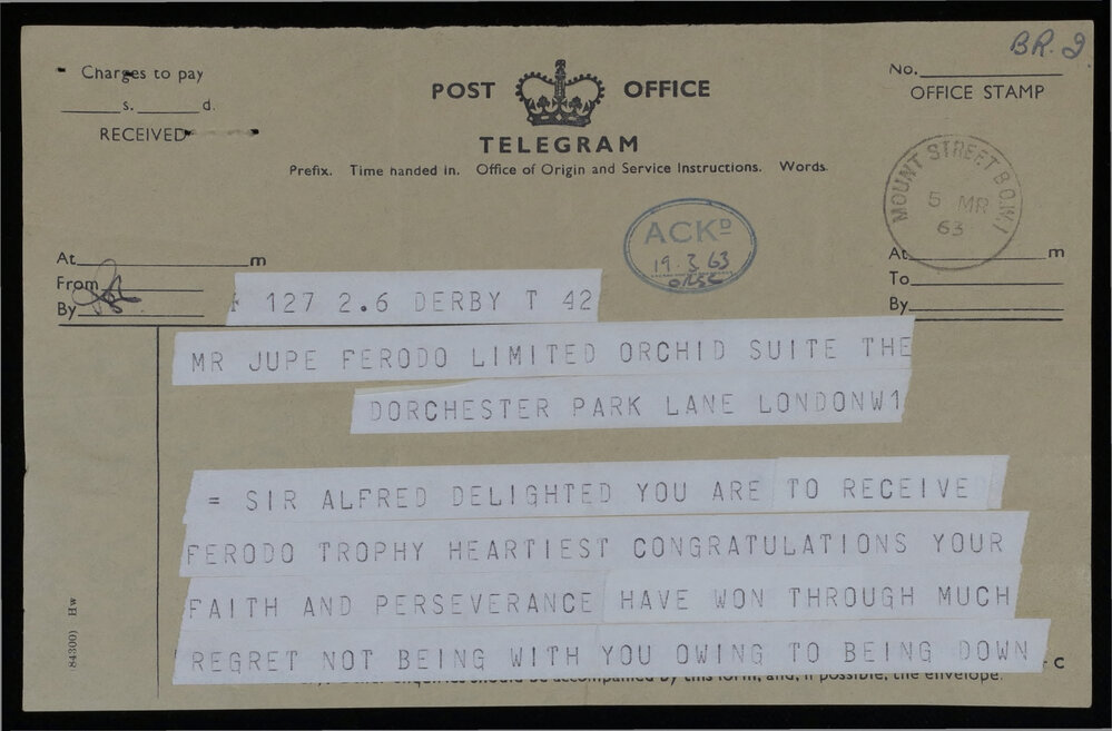 Congratulations Telegram From Reg Parnell &amp; Reply