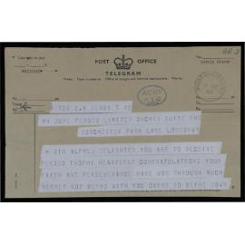 Congratulations Telegram From Reg Parnell & Reply