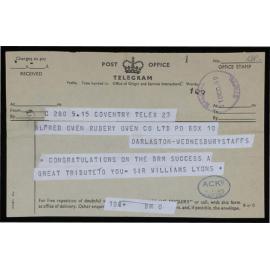 Congratulations Telegram From Sir William Lyons & Reply